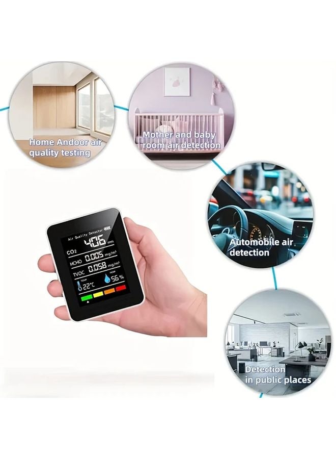 Black 5 In 1 Air Quality Monitor CO2 Humidity Temperature Formaldehyde TVOC LCD Display USB Rechargeable - Image 5